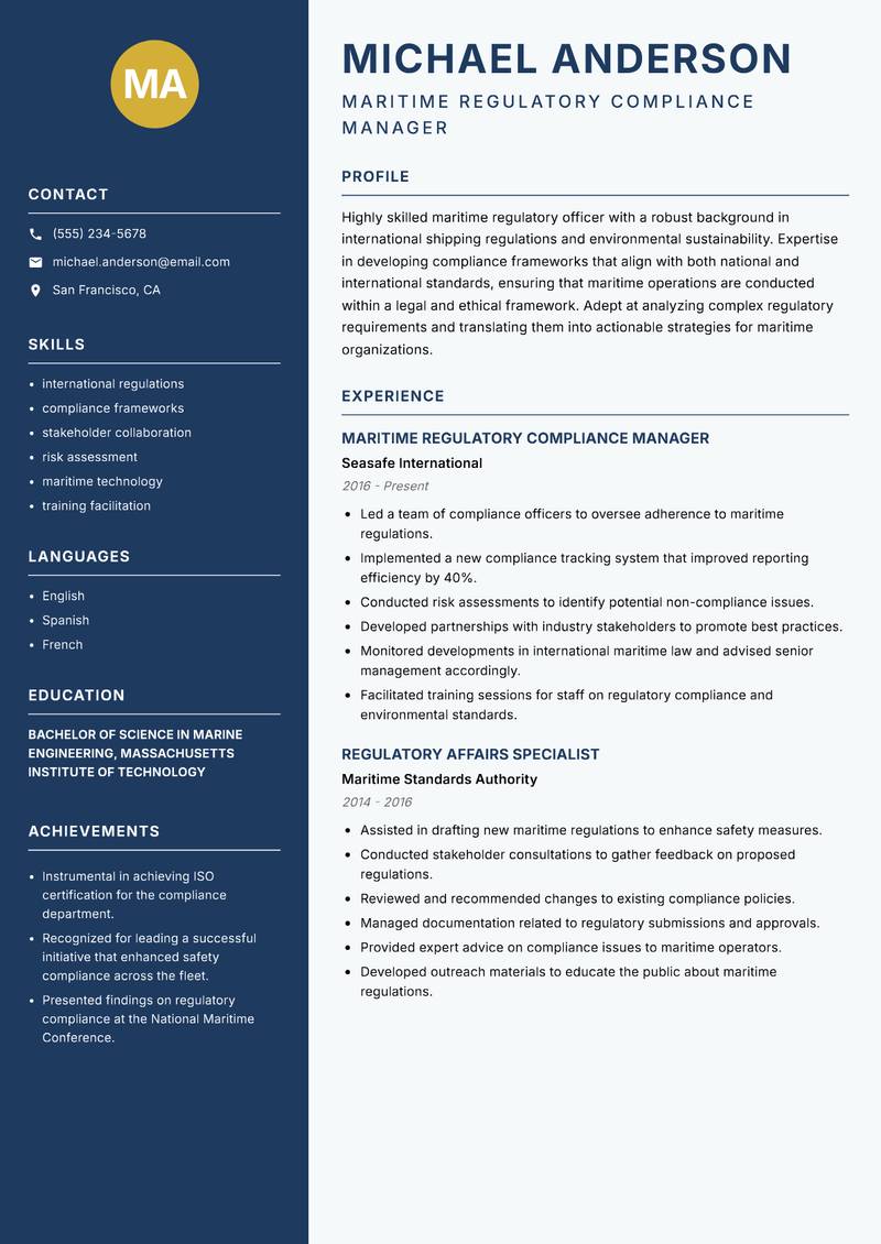 Maritime Regulatory Officer resume template — Classic Clean