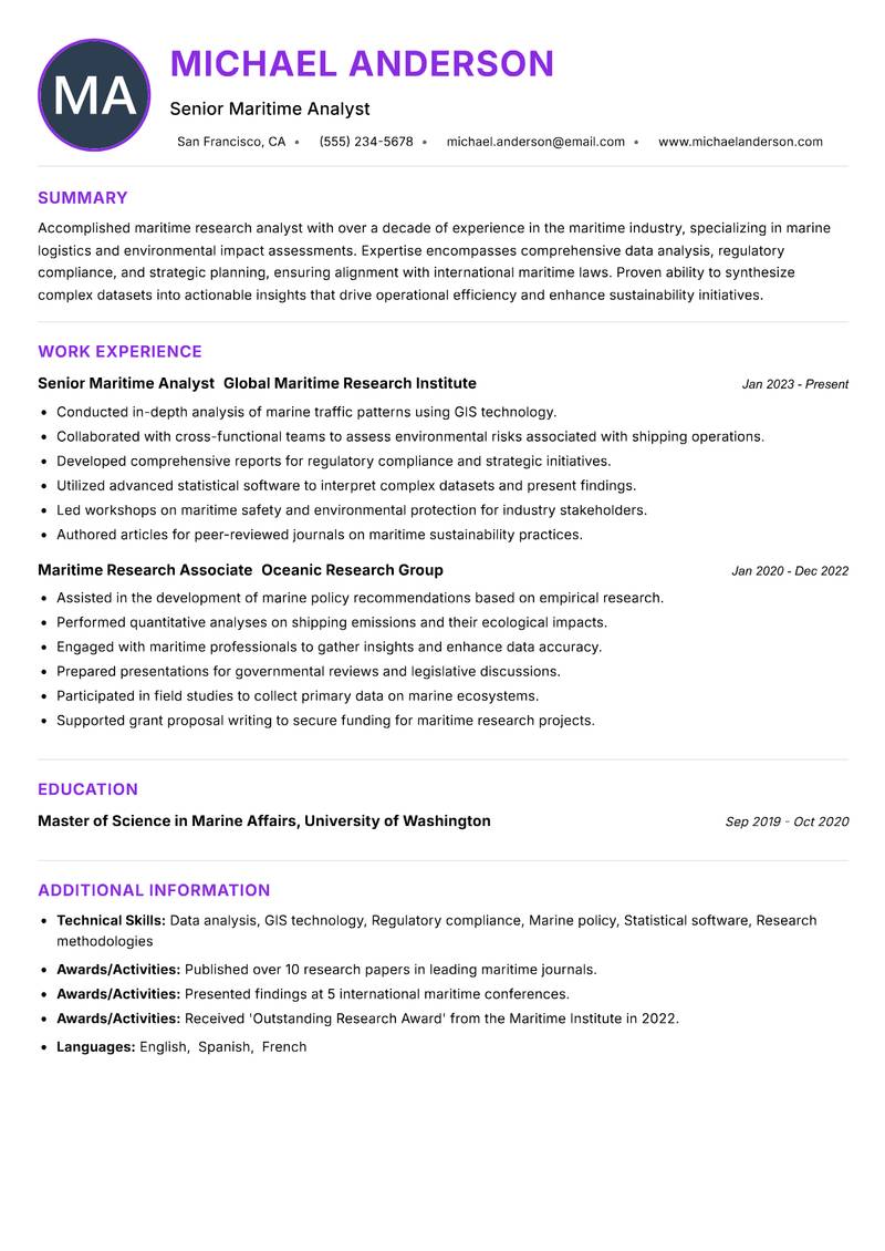 Maritime Research Analyst resume example — ATS-friendly template