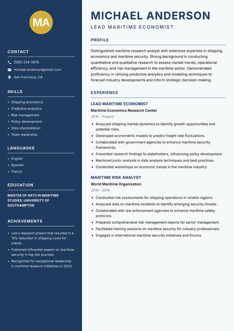 Maritime Research Analyst resume template — Classic Clean