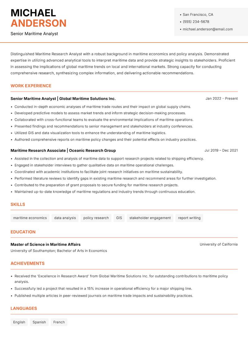 Maritime Research Analyst resume template — Modern Professional