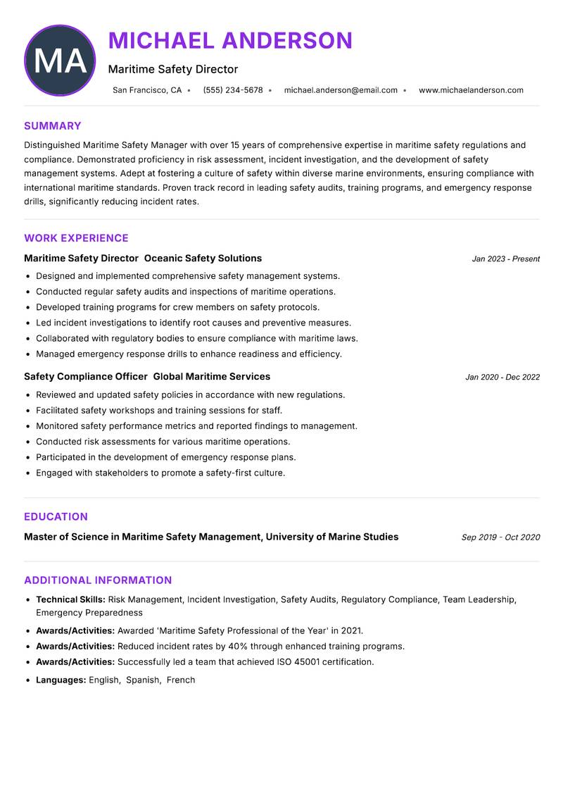 Maritime Safety Manager resume example — ATS-friendly template