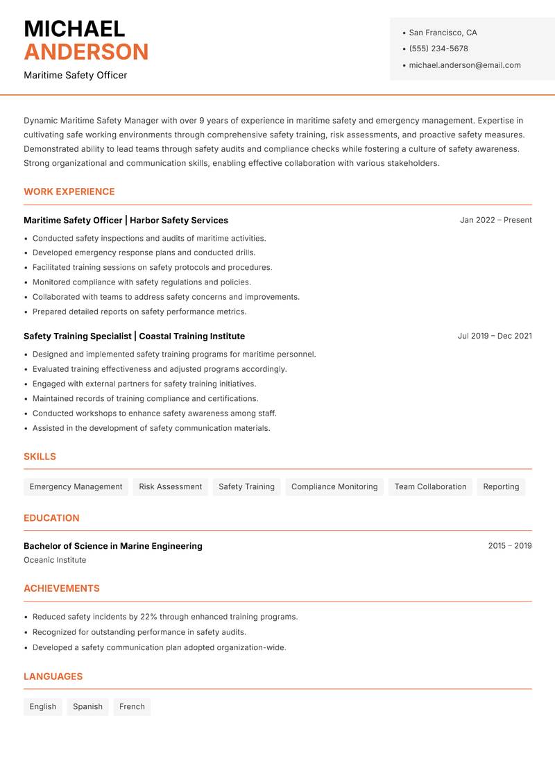 Maritime Safety Manager resume template — Modern Professional