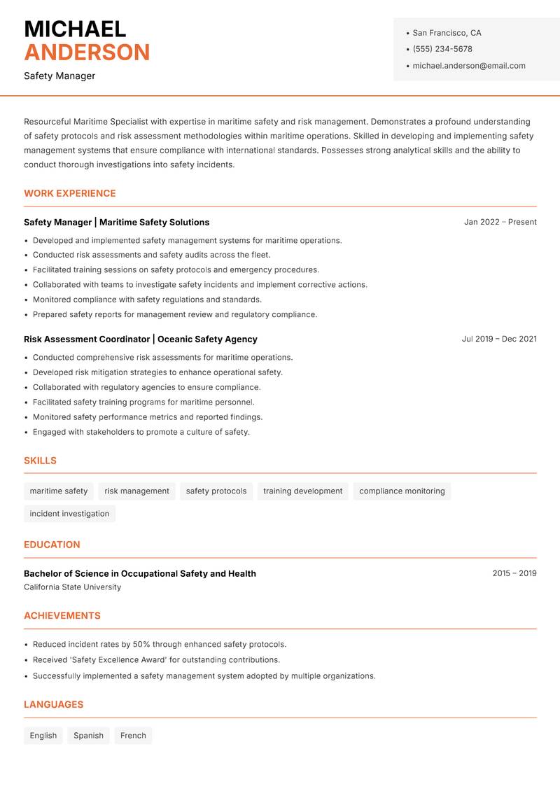 Maritime Specialist resume template — Modern Professional