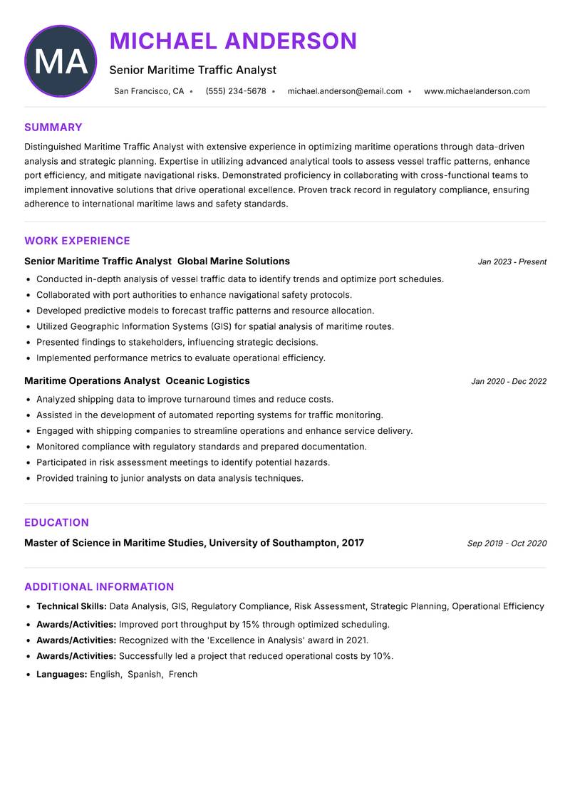 Maritime Traffic Analyst resume example — ATS-friendly template