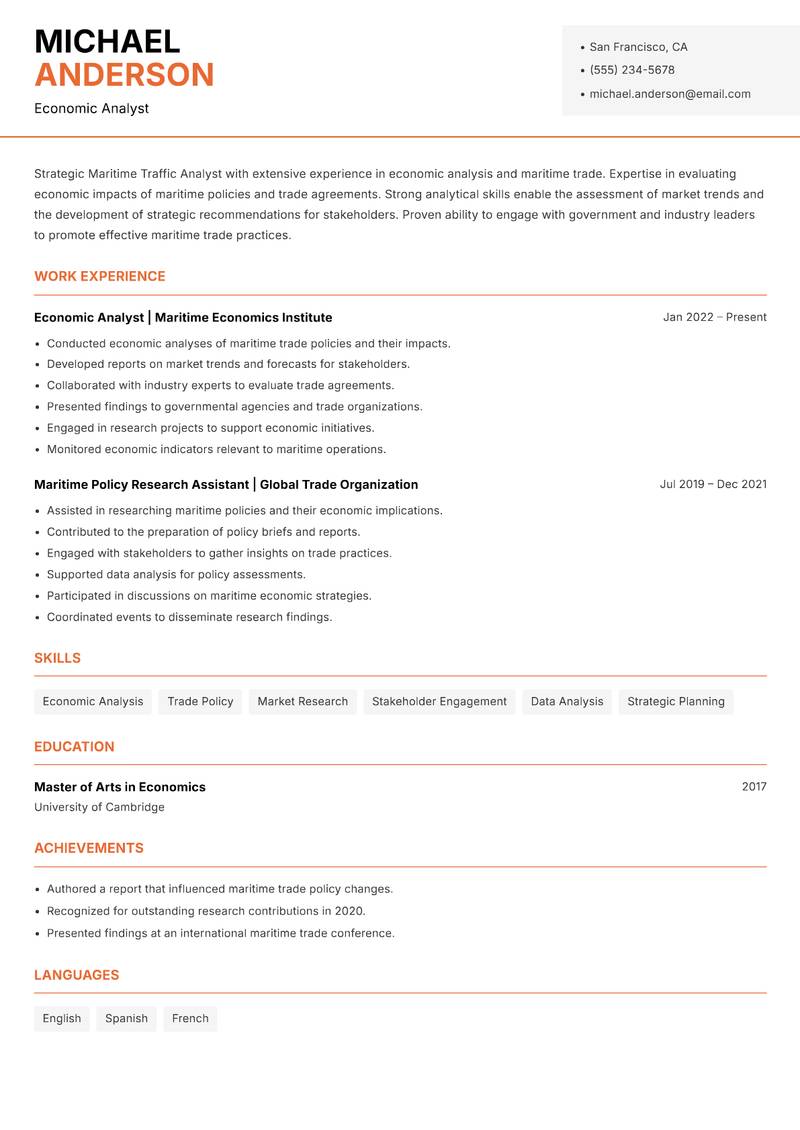 Maritime Traffic Analyst resume template — Modern Professional