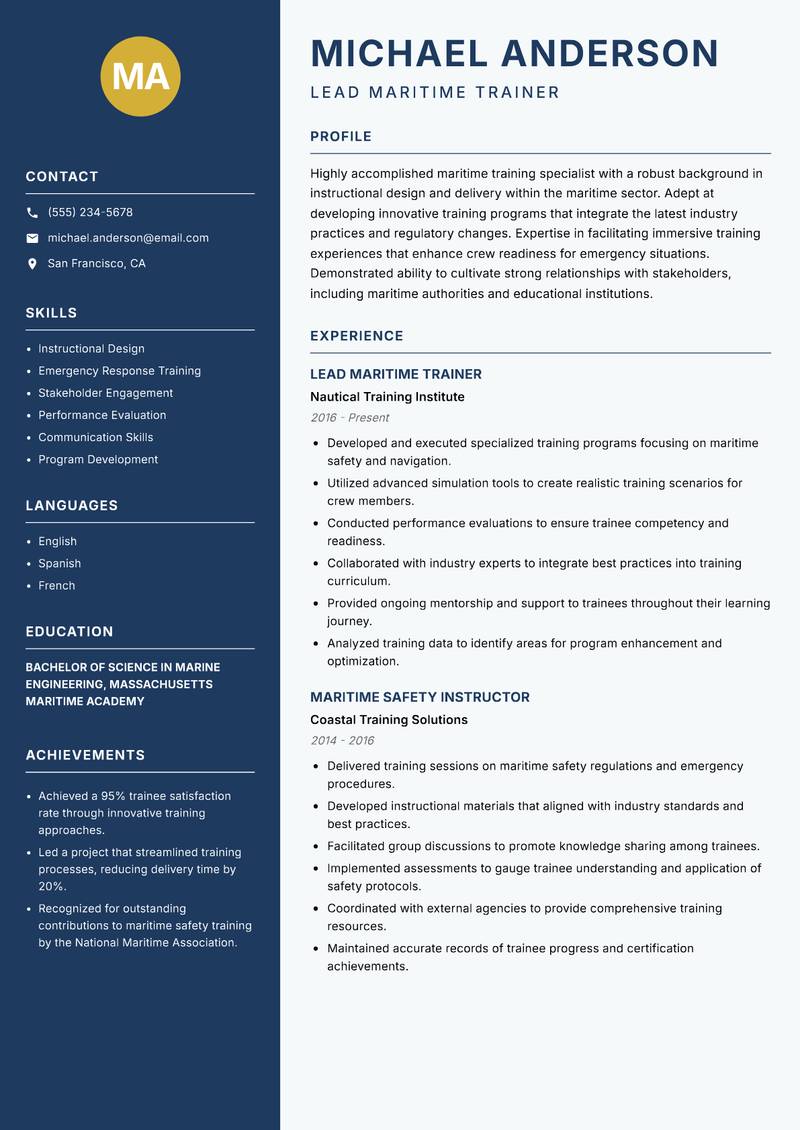 Maritime Trainer resume template — Classic Clean