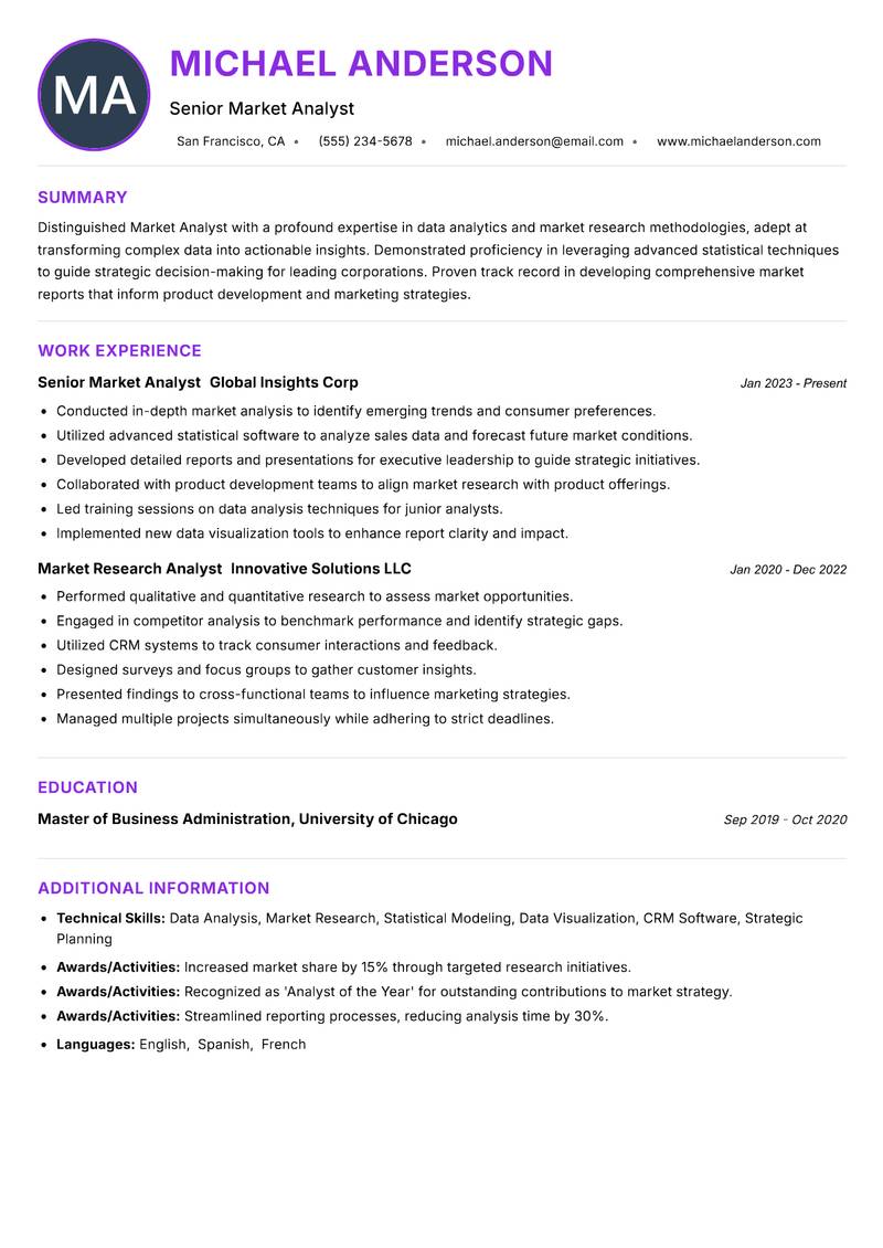Market Analyst resume example — ATS-friendly template
