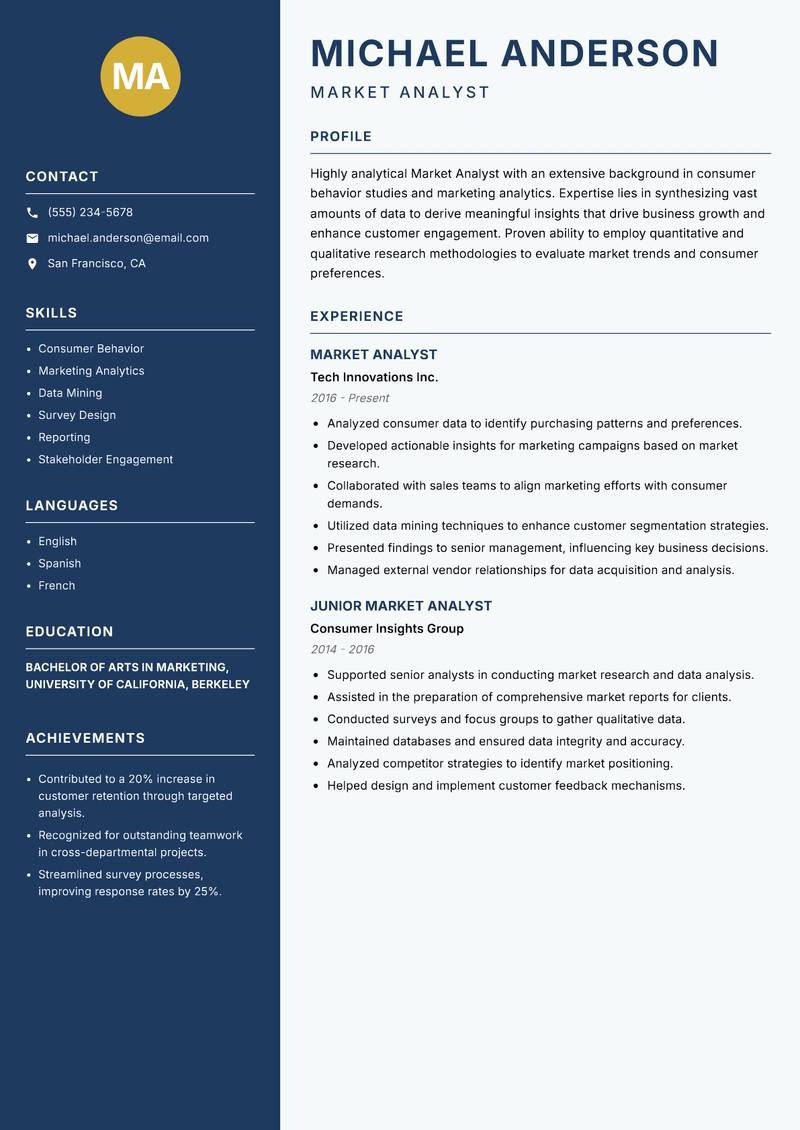 Market Analyst resume template — Classic Clean