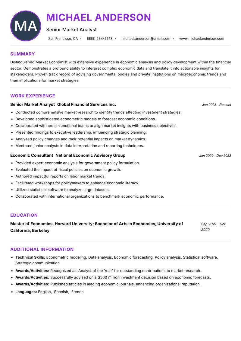 Market Economist resume example — ATS-friendly template