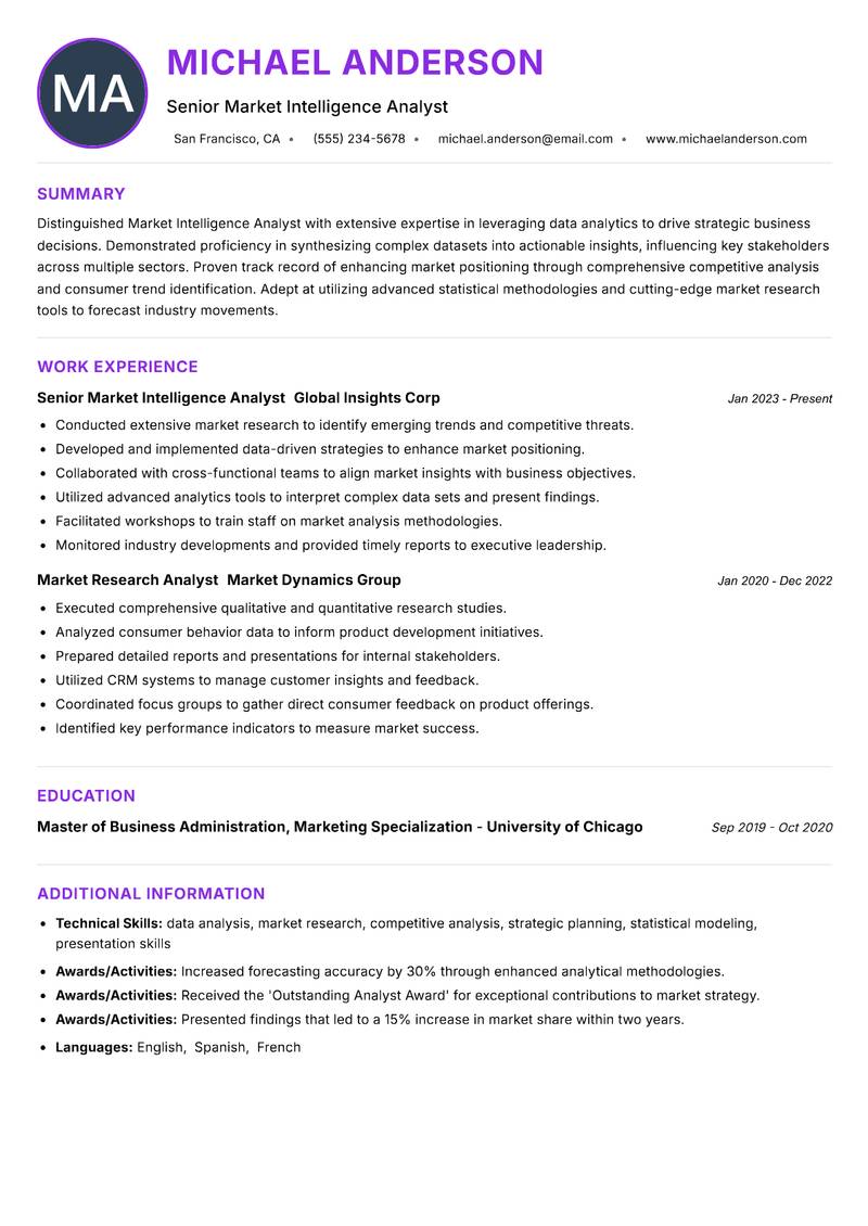 Market Intelligence Analyst resume example — ATS-friendly template