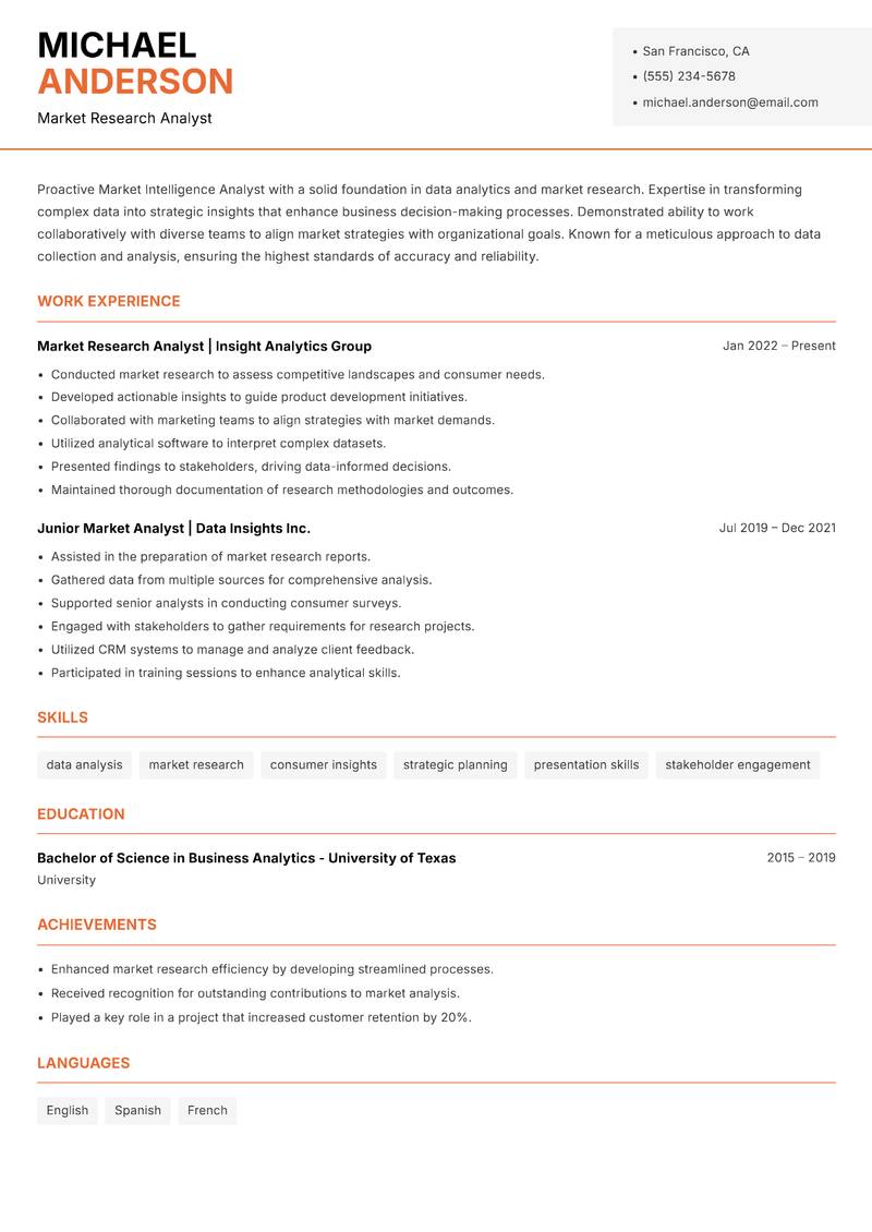 Market Intelligence Analyst resume template — Modern Professional
