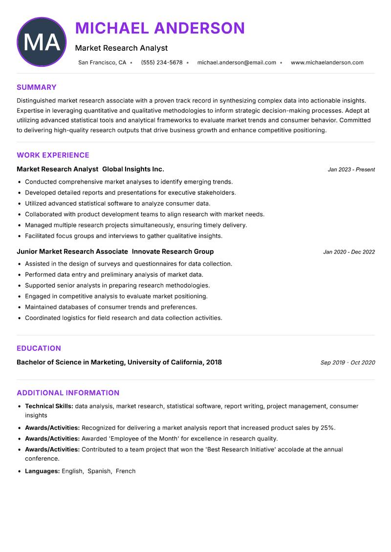 Market Research Associate resume example — ATS-friendly template