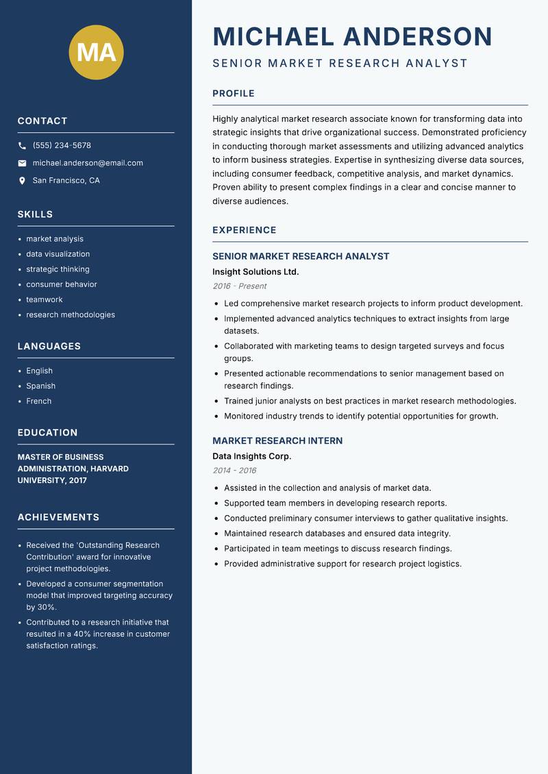 Market Research Associate resume template — Classic Clean