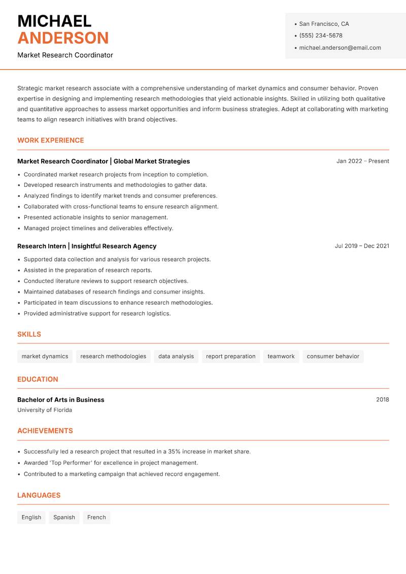 Market Research Associate resume template — Modern Professional
