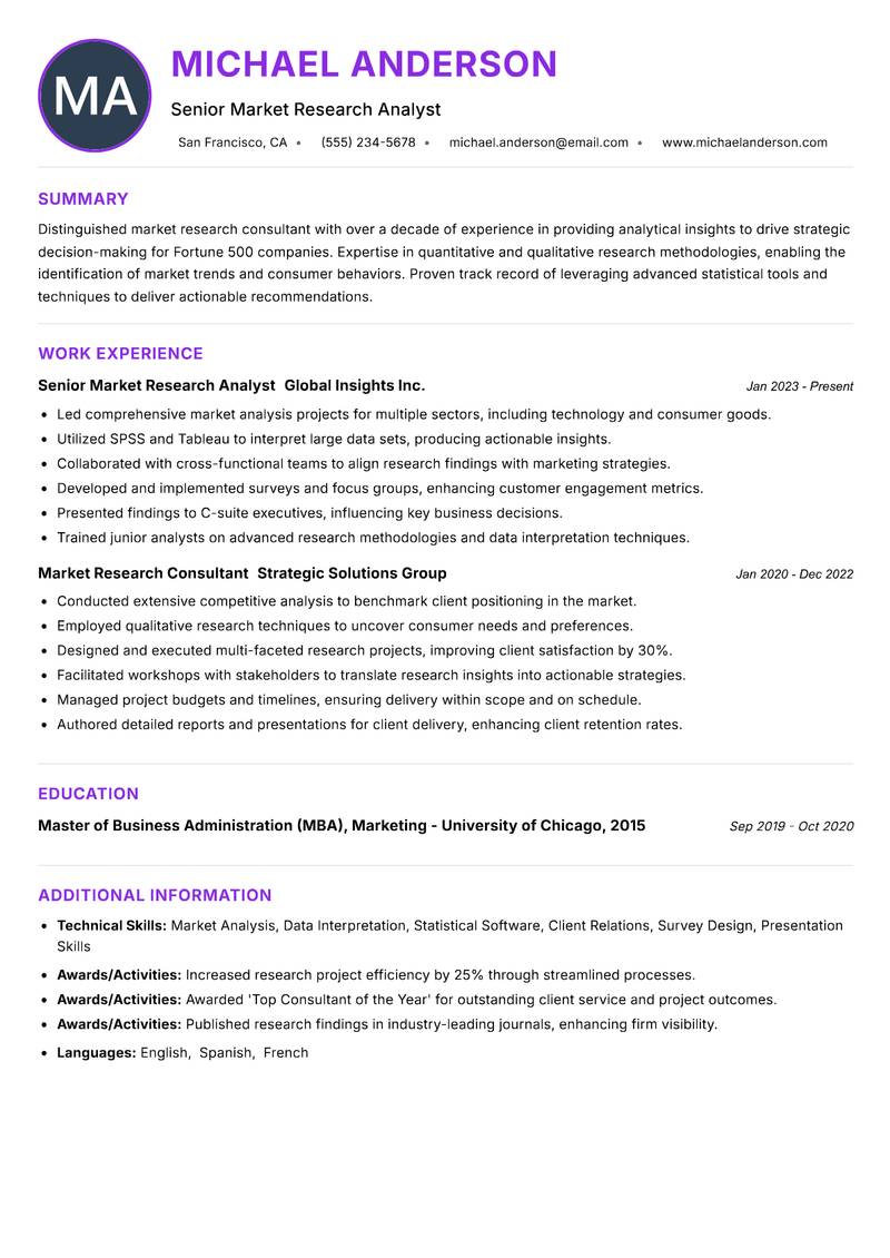 Market Research Consultant resume example — ATS-friendly template