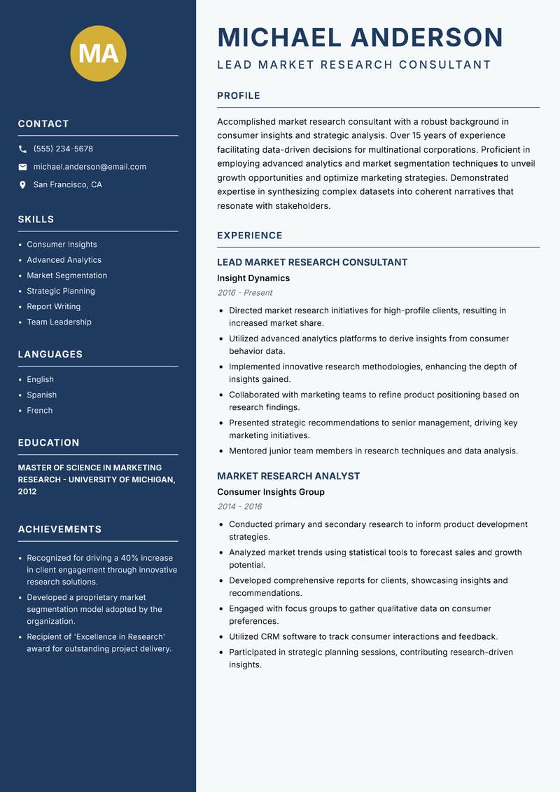 Market Research Consultant resume template — Classic Clean