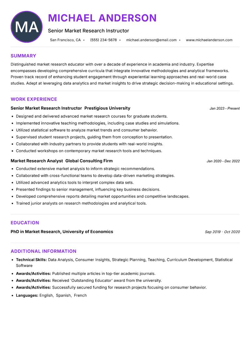 Market Research Instructor resume example — ATS-friendly template
