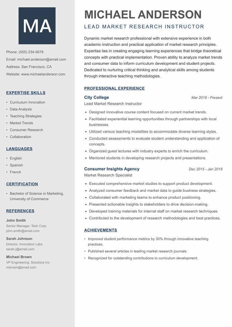 Market Research Instructor resume template — Creative Minimal
