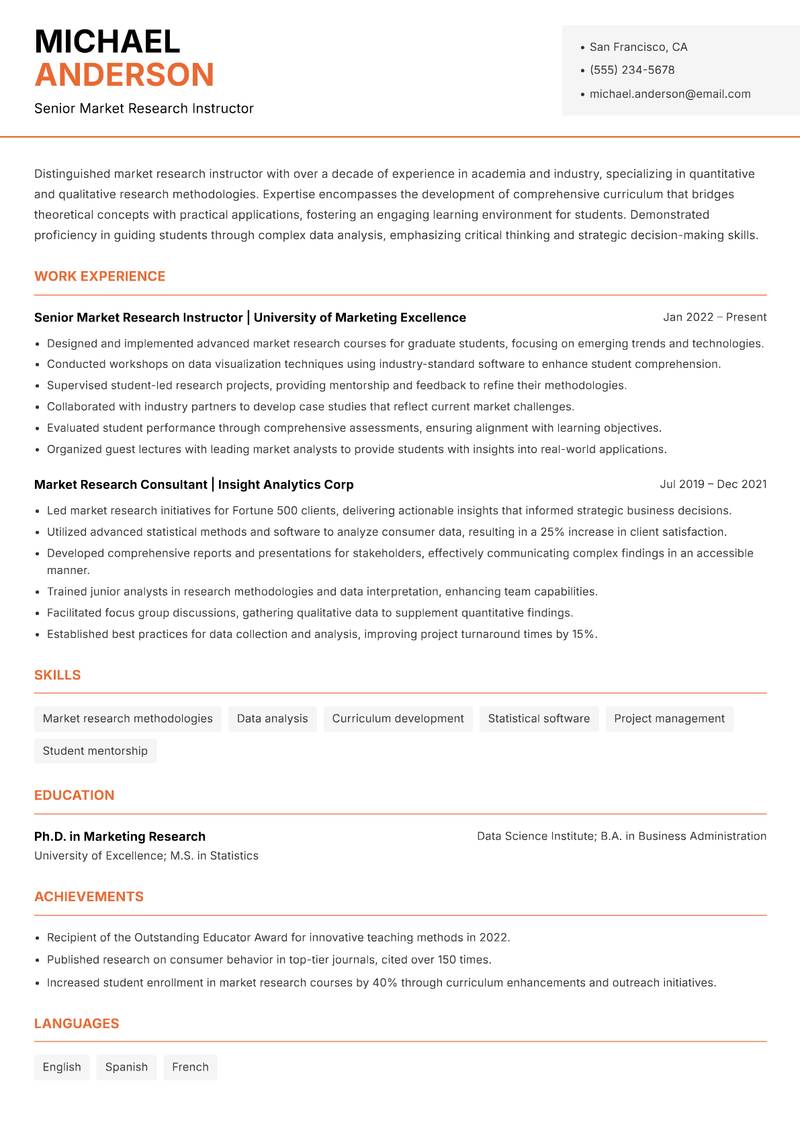 Market Research Instructor resume template — Modern Professional