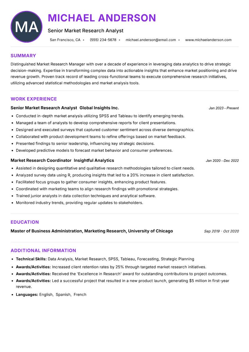 Market Research Manager resume example — ATS-friendly template