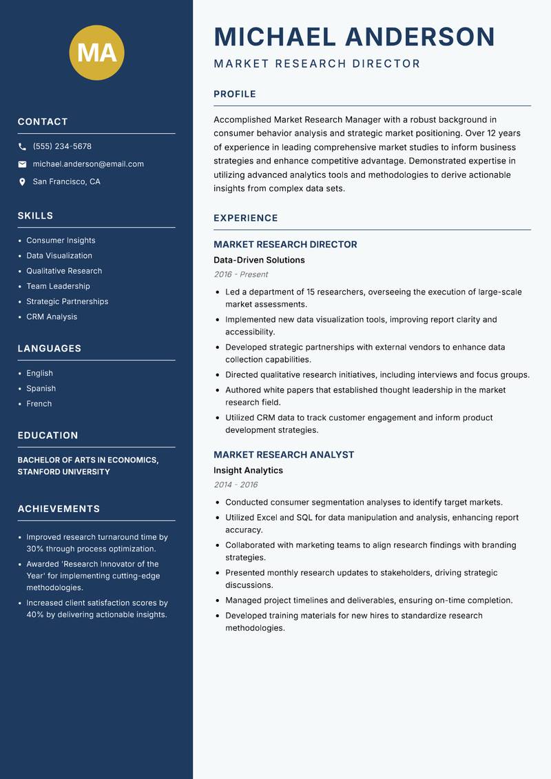 Market Research Manager resume template — Classic Clean