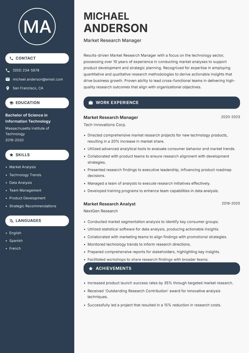 Market Research Manager resume template — Compact