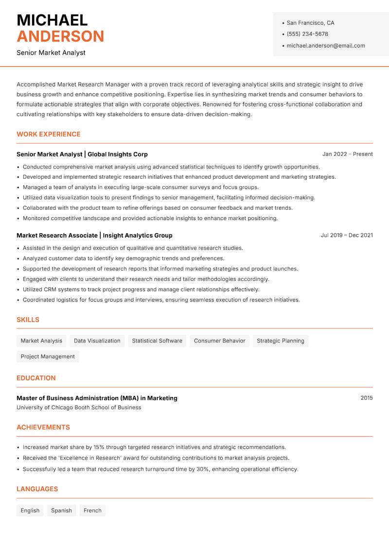 Market Research Manager resume template — Modern Professional