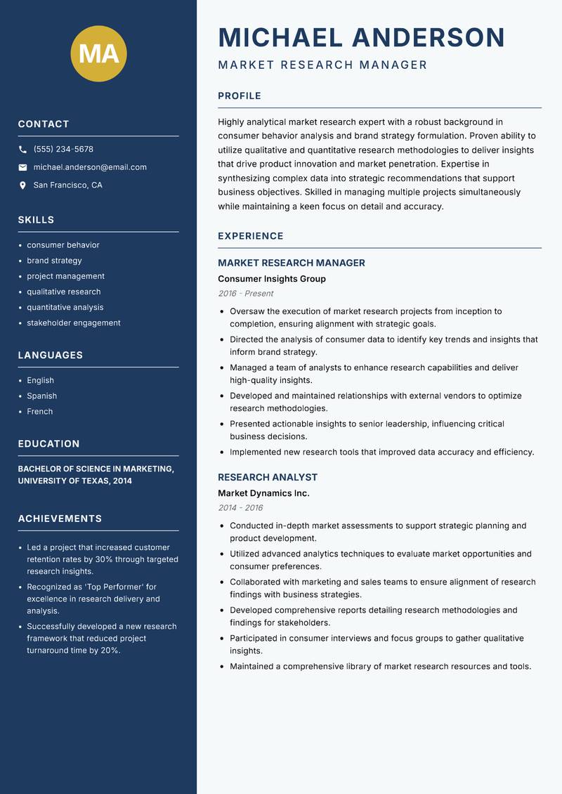 Market Research Researcher resume template — Classic Clean