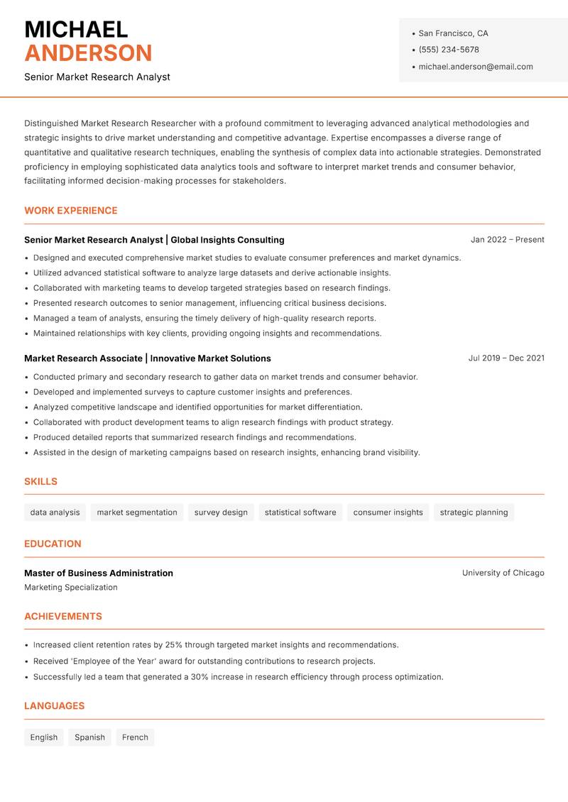 Market Research Researcher resume template — Modern Professional