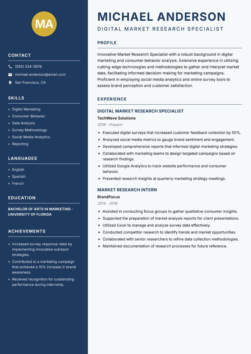 Market Research Specialist resume template — Classic Clean