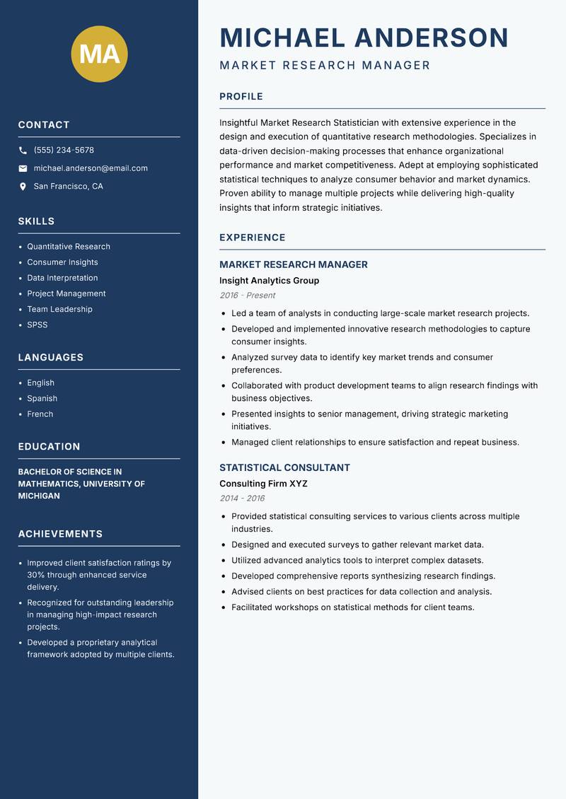 Market Research Statistician resume template — Classic Clean