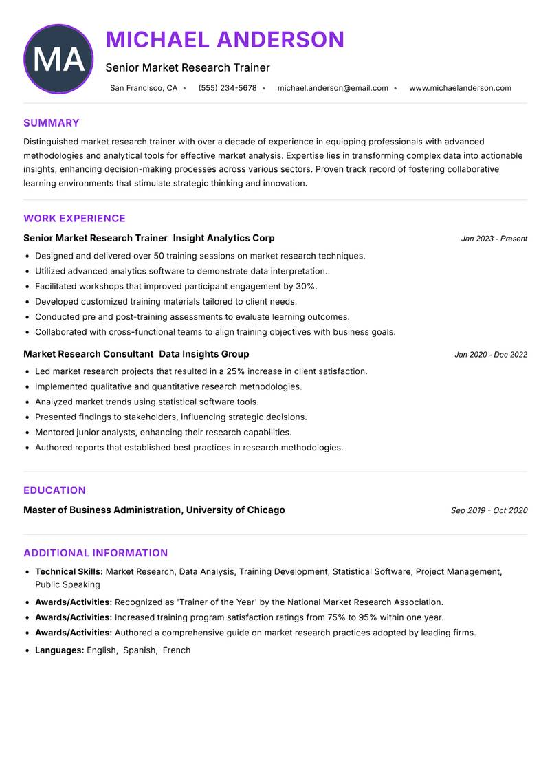 Market Research Trainer resume example — ATS-friendly template