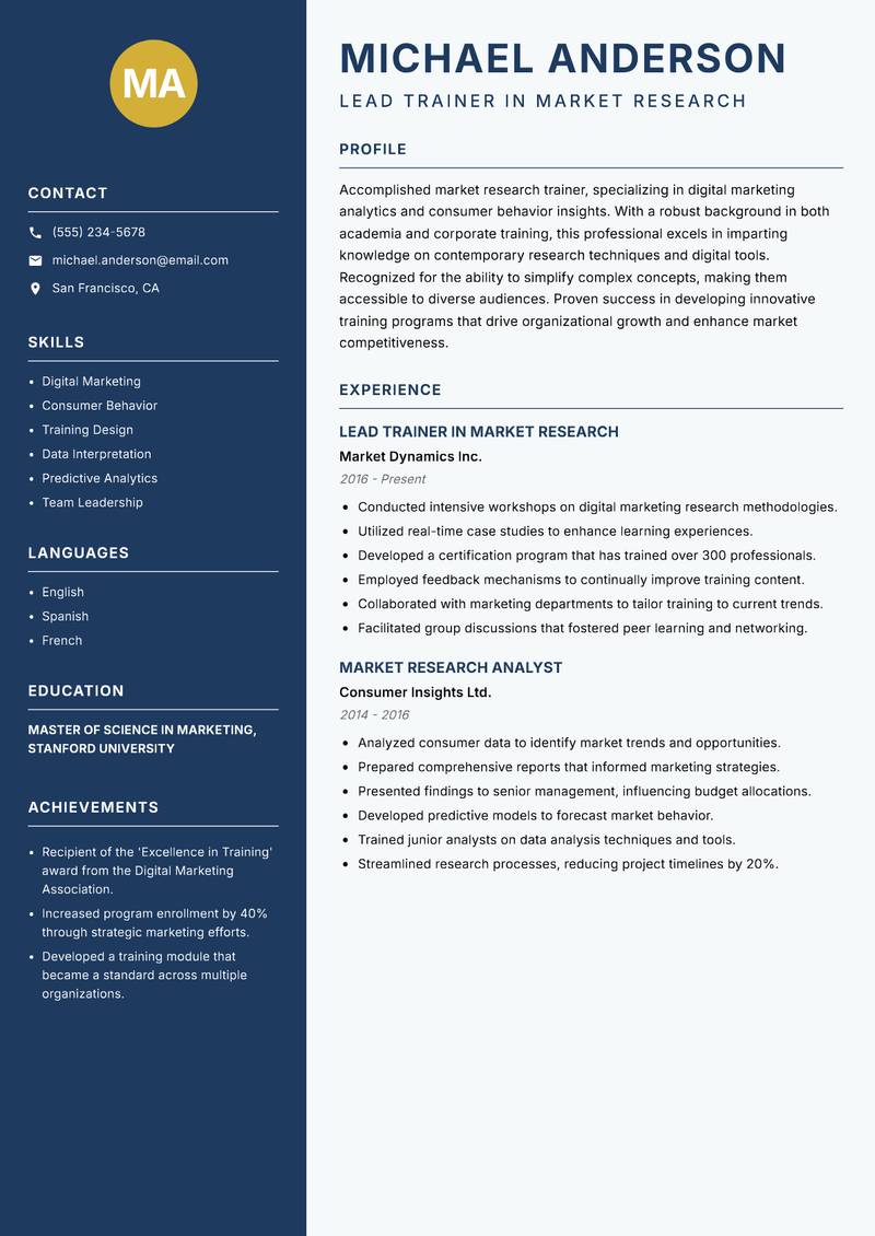 Market Research Trainer resume template — Classic Clean