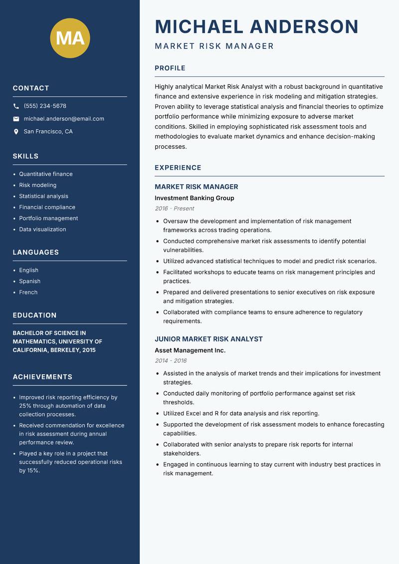Market Risk Analyst resume template — Classic Clean