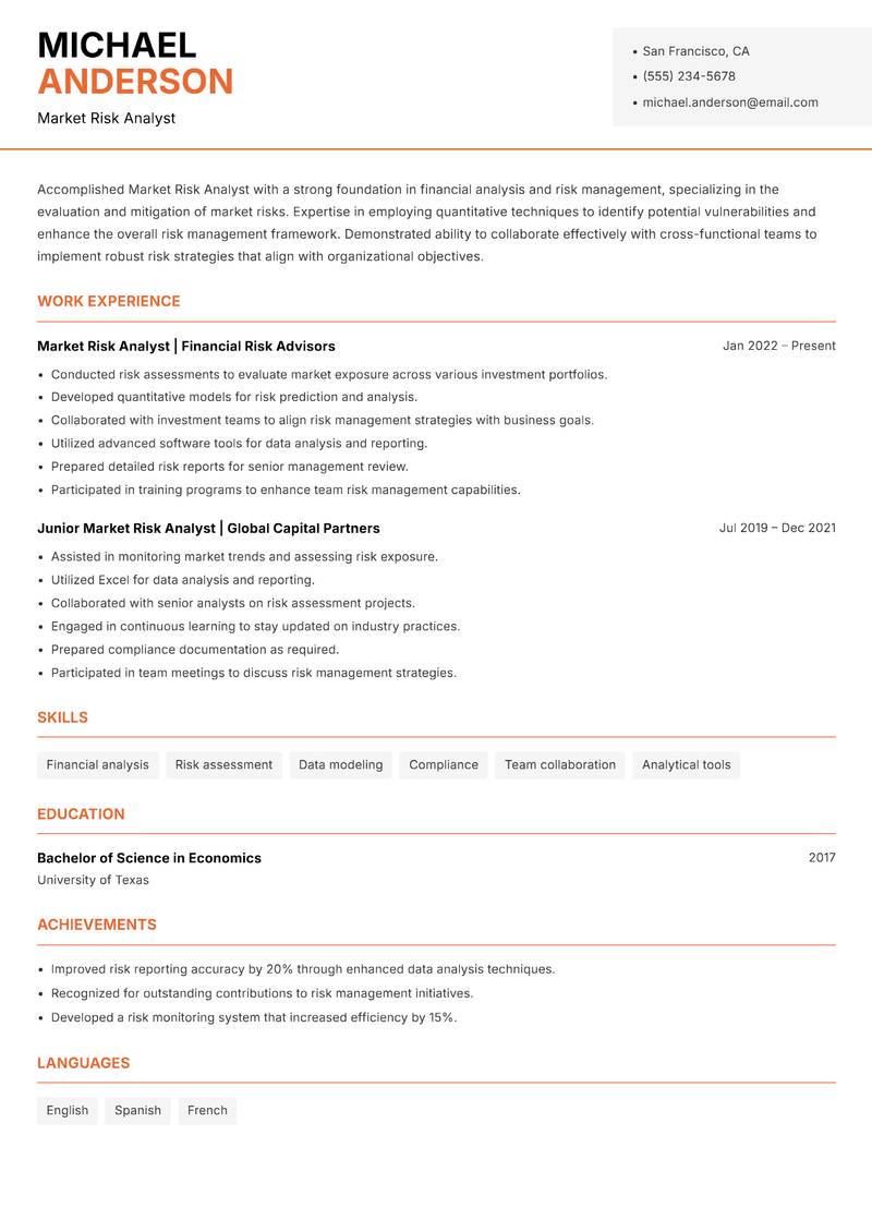 Market Risk Analyst resume template — Modern Professional