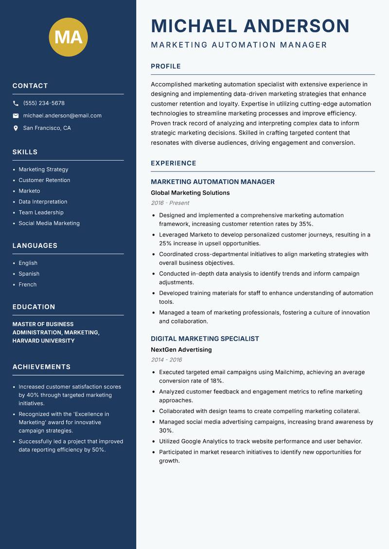 Marketing Automation Specialist resume template — Classic Clean