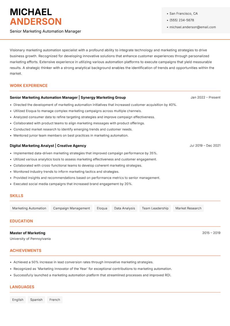 Marketing Automation Specialist resume template — Modern Professional