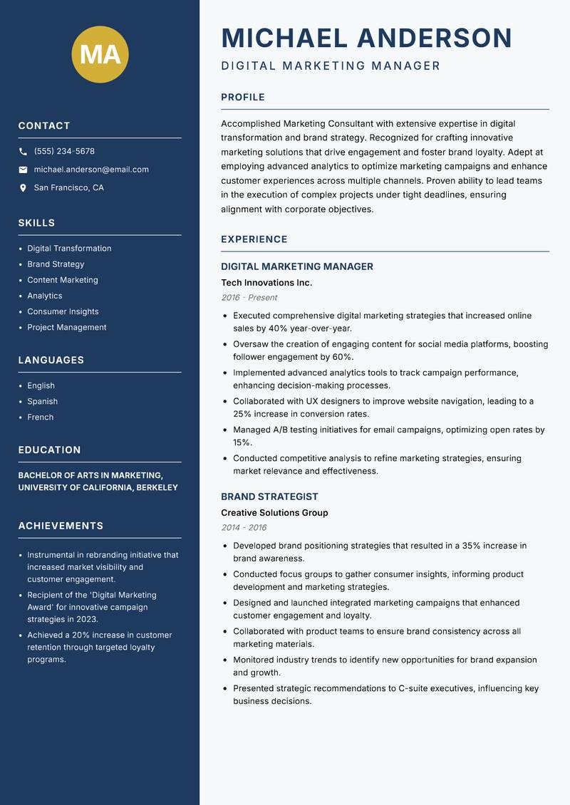 Marketing Consultant resume template — Classic Clean
