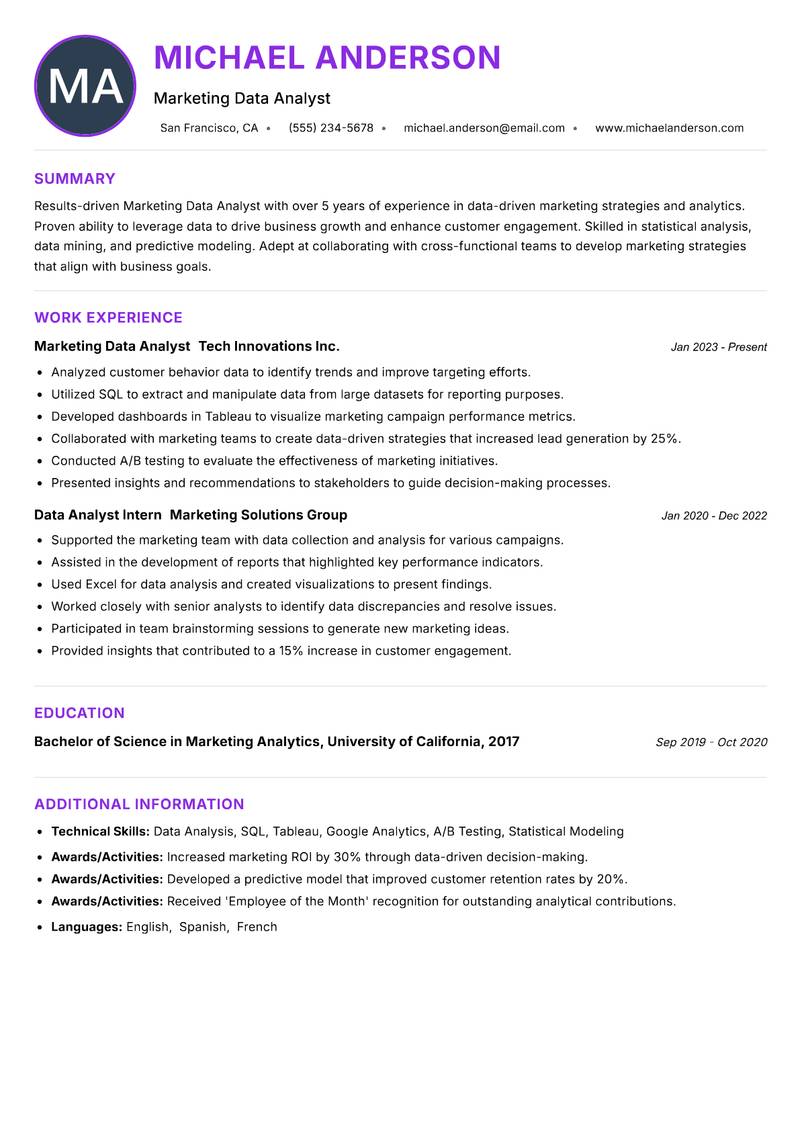 Marketing Data Analyst resume example — ATS-friendly template