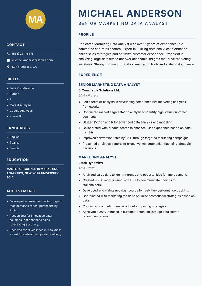 Marketing Data Analyst resume template — Classic Clean