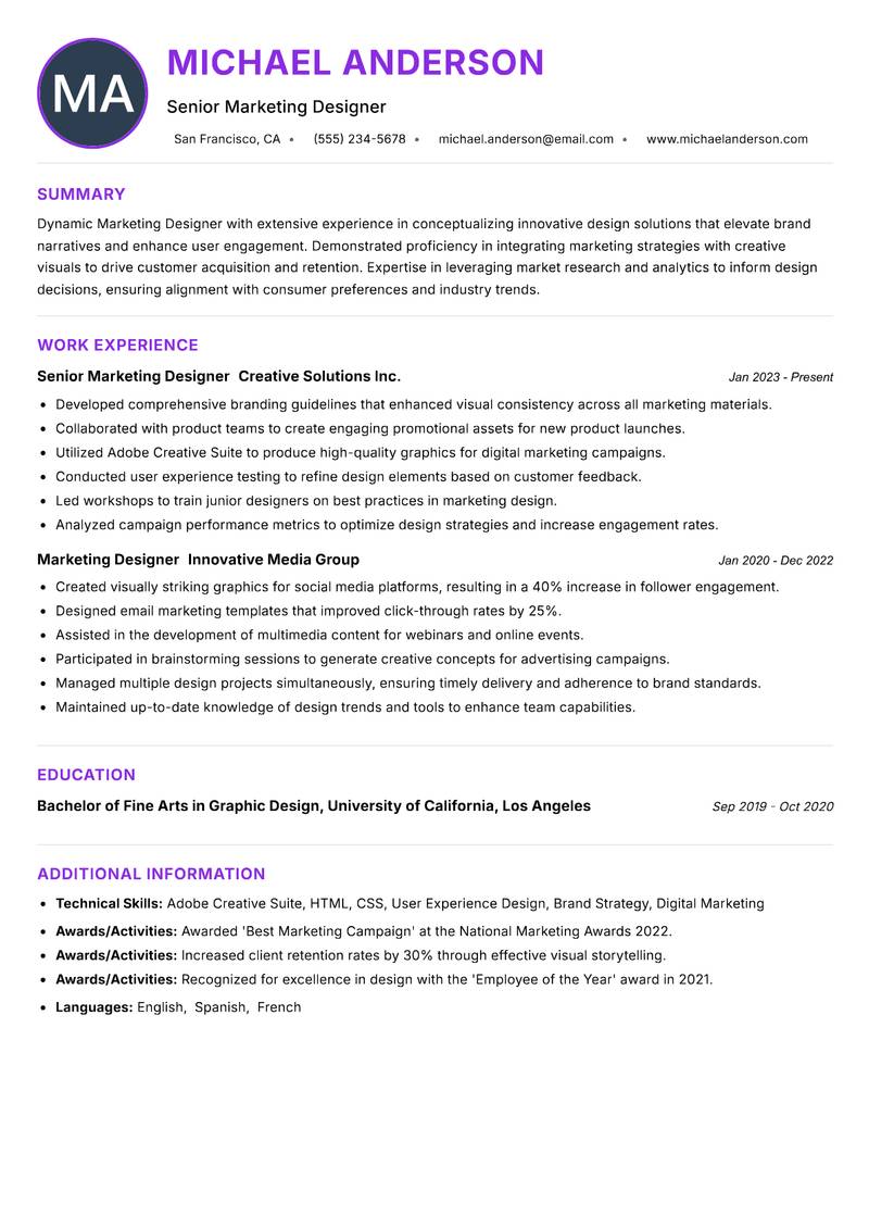 Marketing Designer resume example — ATS-friendly template