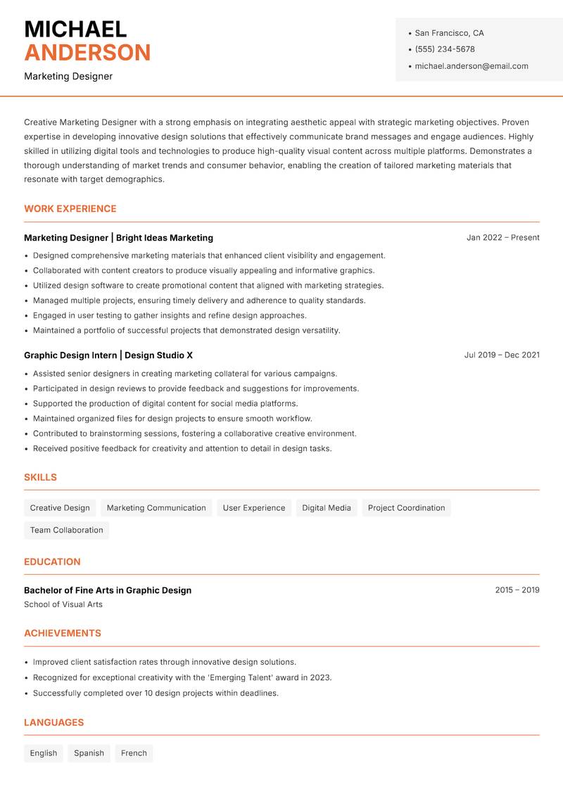 Marketing Designer resume template — Modern Professional