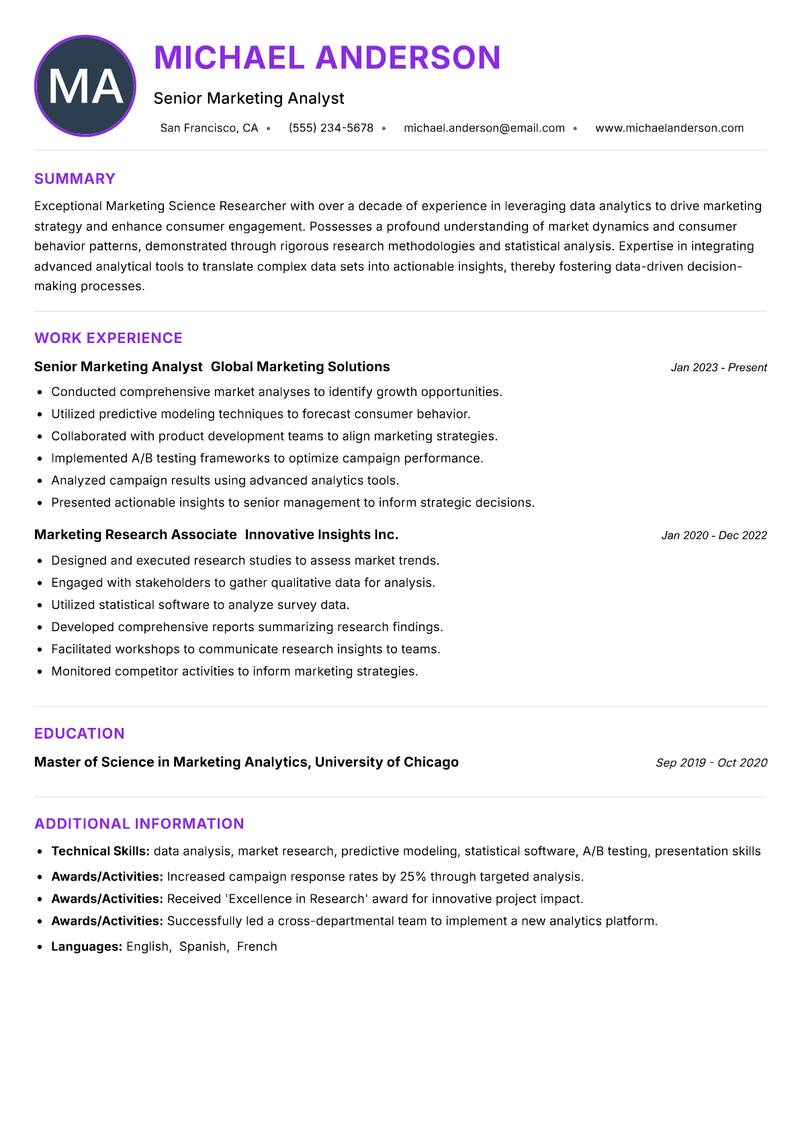 Marketing Science Researcher resume example — ATS-friendly template