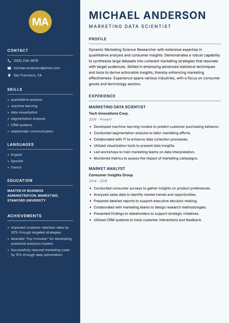 Marketing Science Researcher resume template — Classic Clean