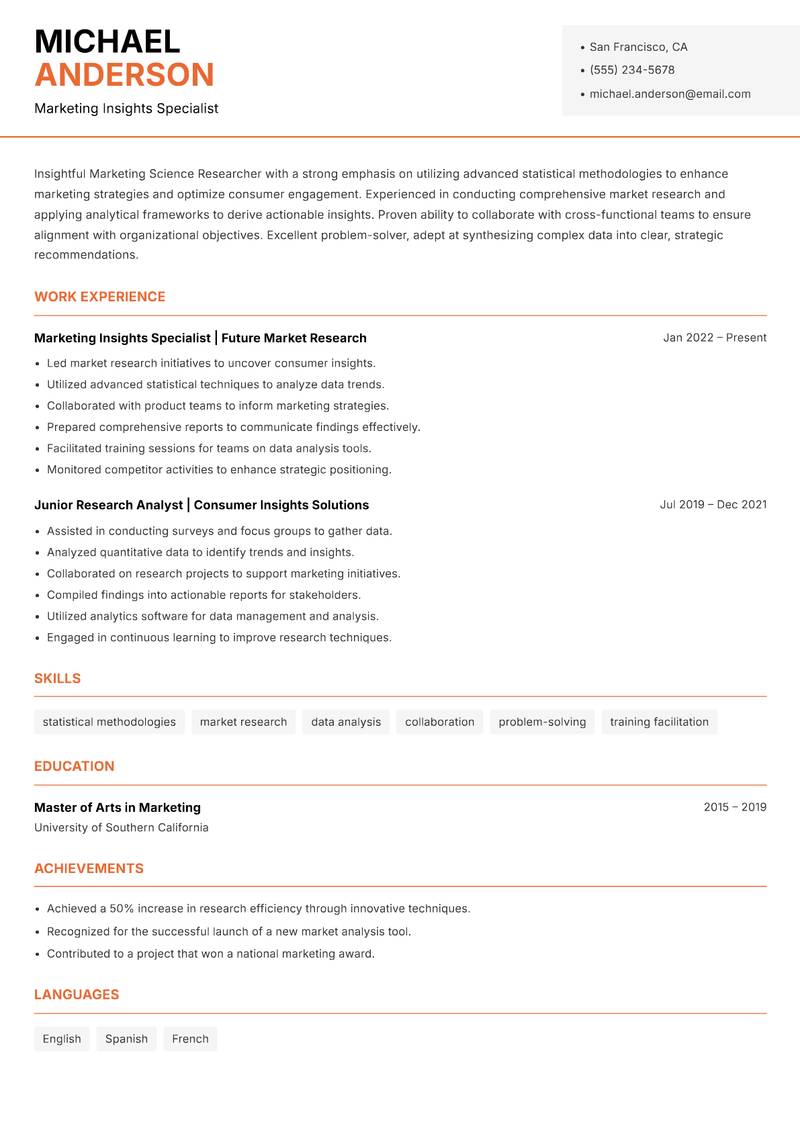 Marketing Science Researcher resume template — Modern Professional