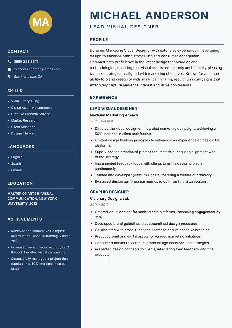 Marketing Visual Designer resume template — Classic Clean