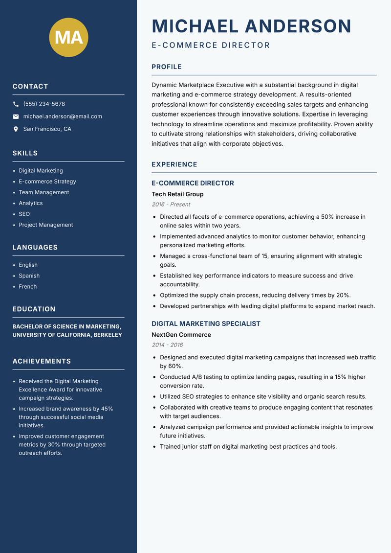 Marketplace Executive resume template — Classic Clean