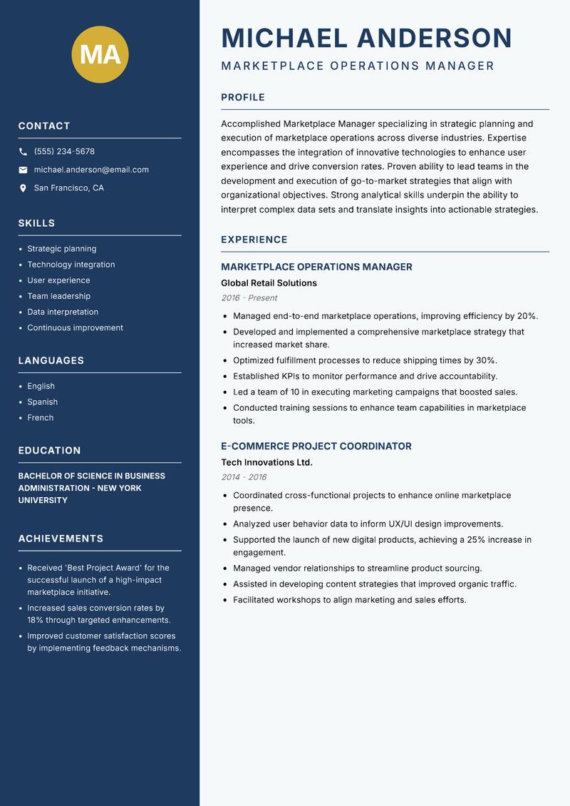 Marketplace Manager resume template — Classic Clean