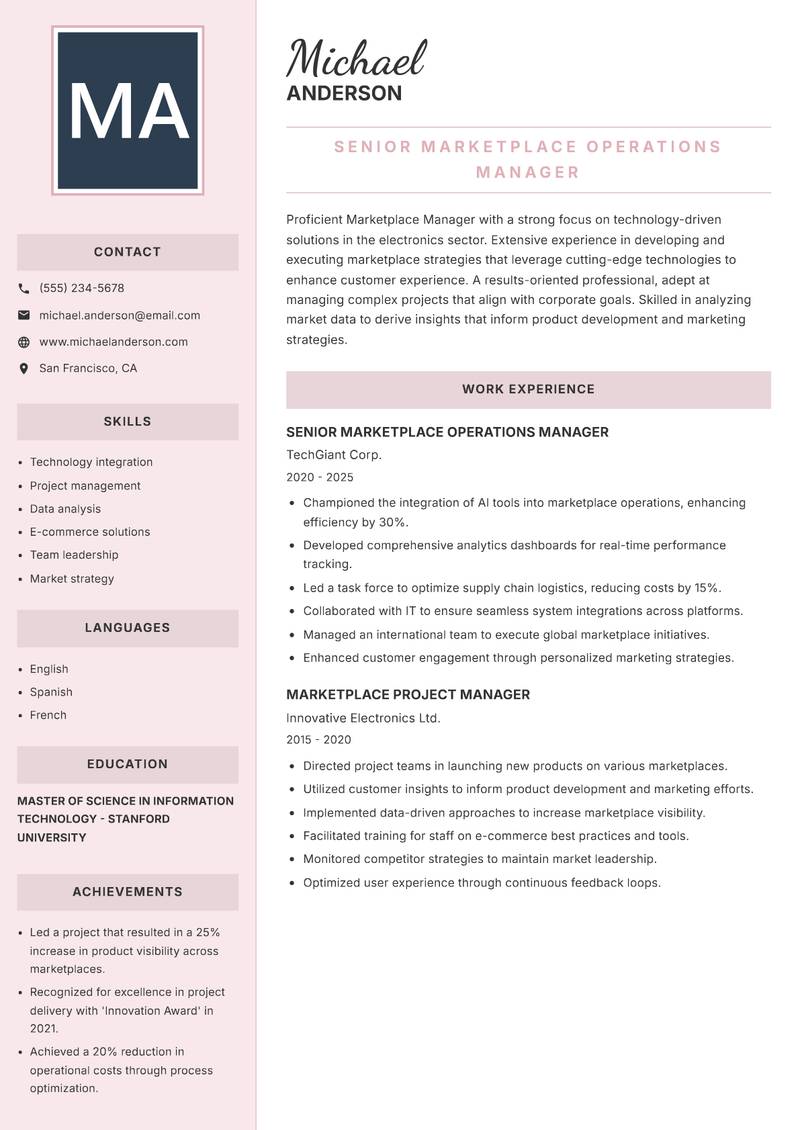 Marketplace Manager resume template — Executive
