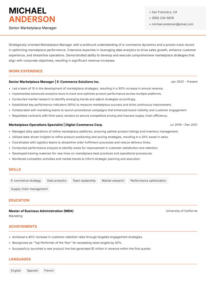 Marketplace Manager resume template — Modern Professional